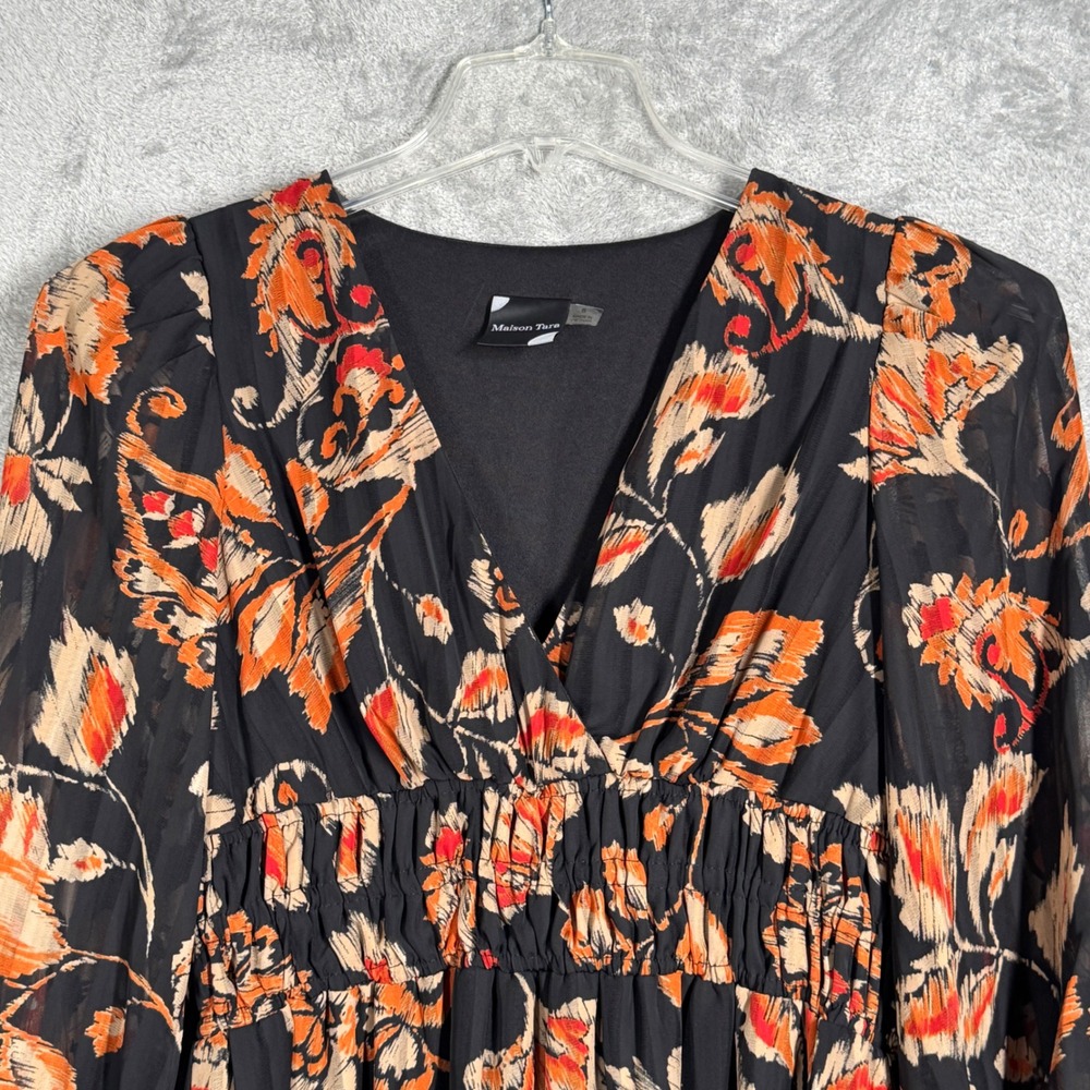 Maison Tara Dress Floral Print Midi Long Sleeve V Neck Black‎ Orange Size 6 - Picture 4 of 9
